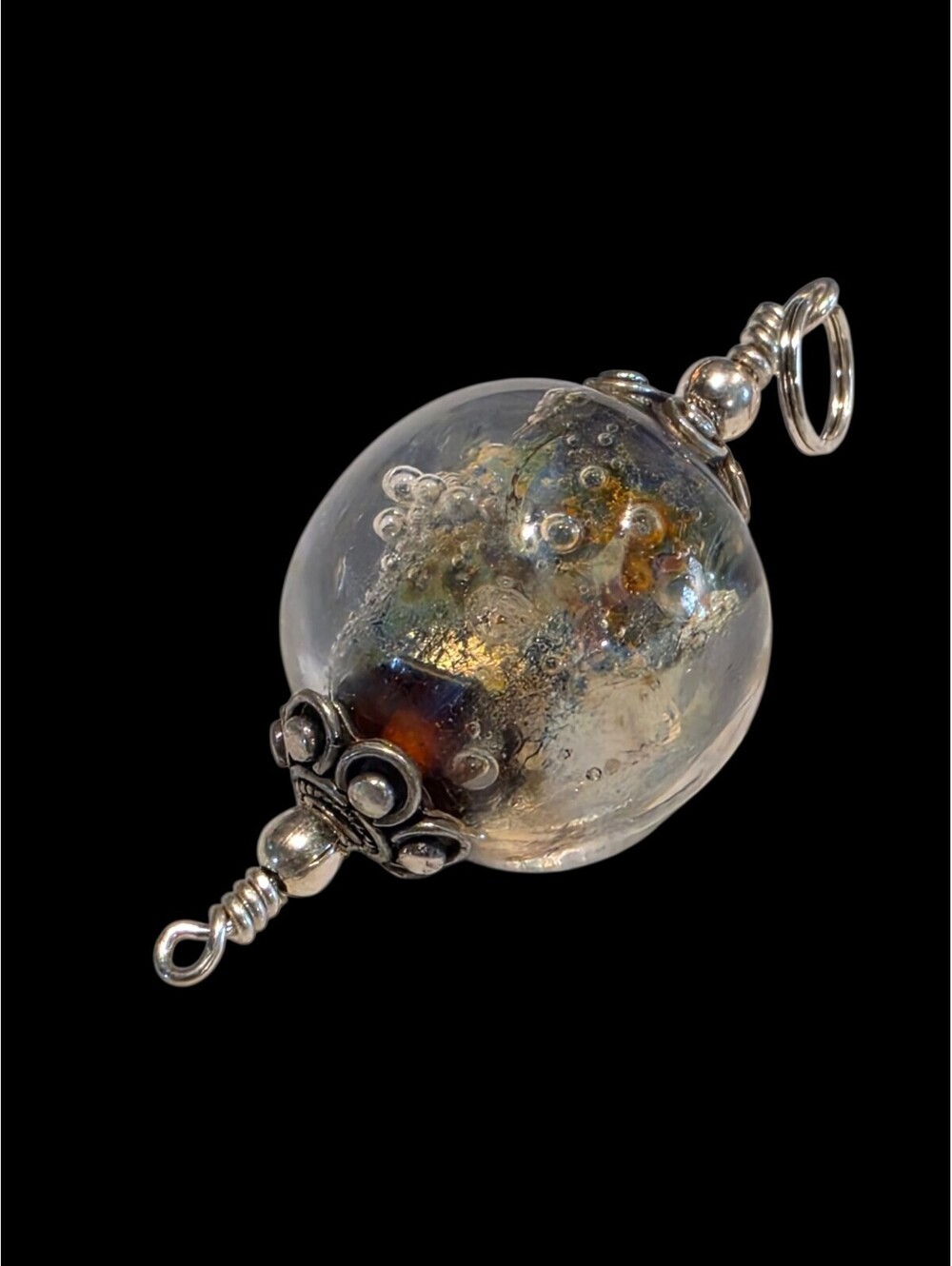 Artisan Lampwork Glass Focal Charm 23mm Encased Goldstone Sterling Silver .925